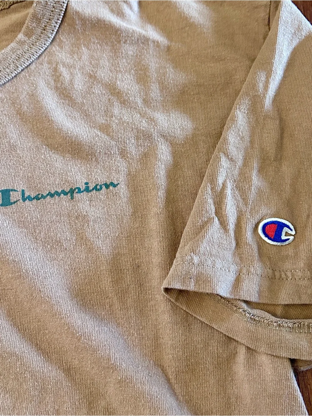 Vintage ‘90s Champion USA Essential Spellout Brown Tan Cotton Crewneck T-shirt L - Picture 5 of 7